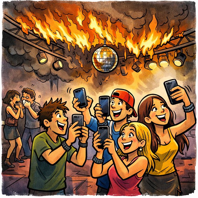 Jeunes qui prennent des selfies devant un incendie